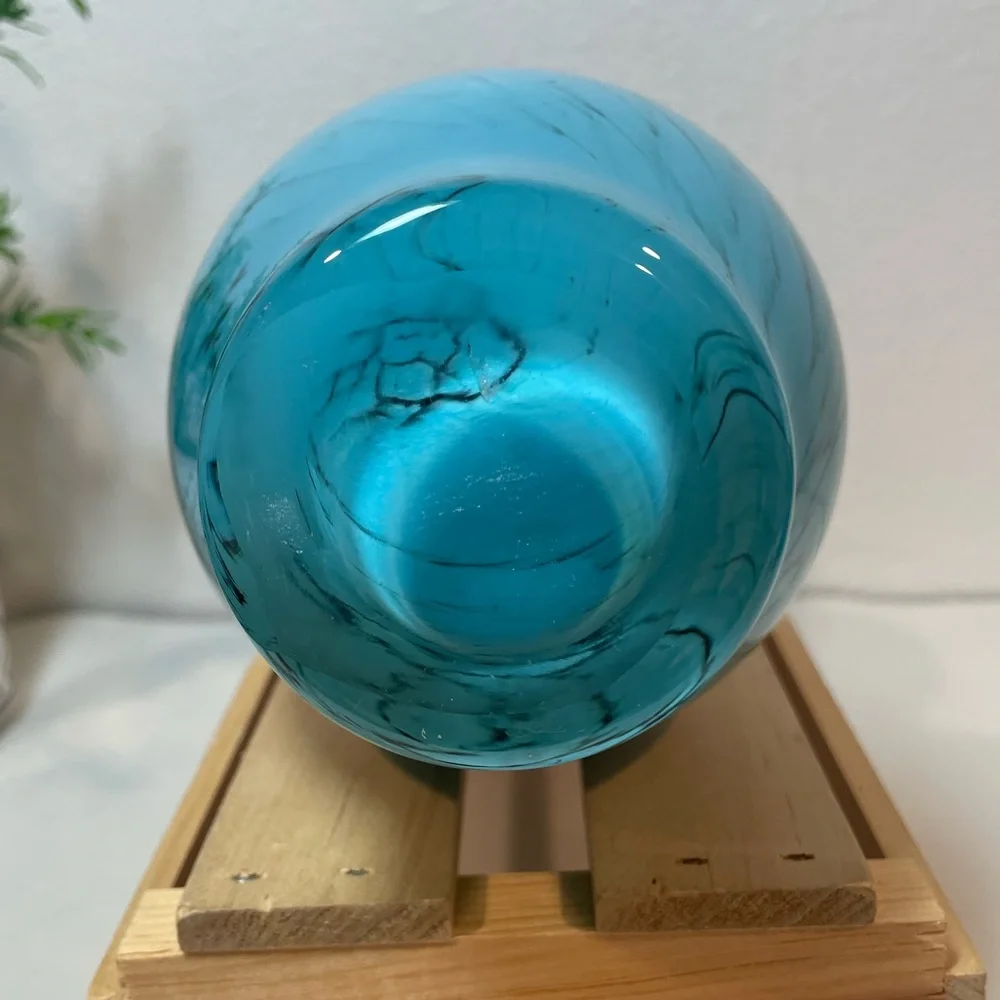 Vintage Pier 1 Turquoise Blue w Black Etch Art Glass Triple Gourd Vase | EUC